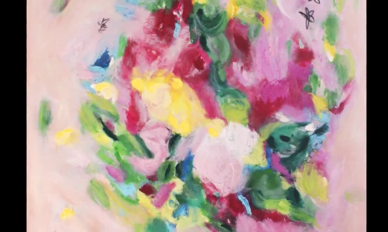 イングリッシュガーデン抽象画、ピンク、イエロー、グリーン、ジクレー