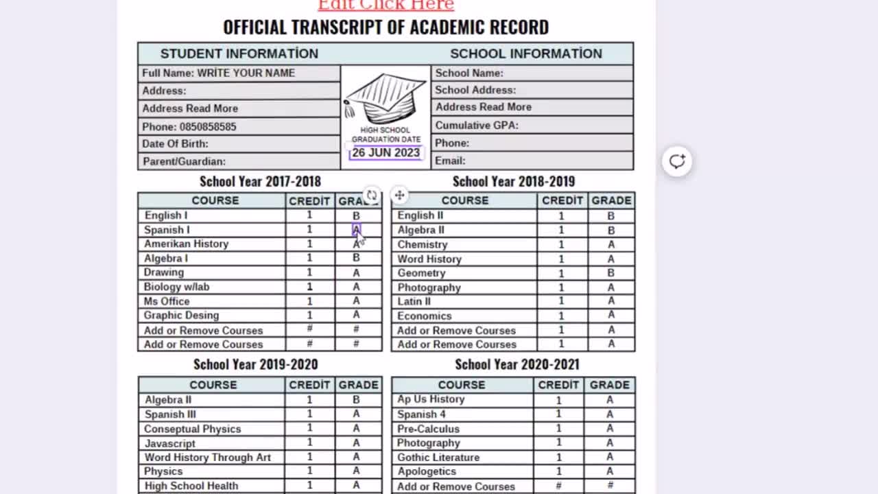 Plantilla de expediente académico de educación en casa: Calificaciones  oficiales de secundaria (Editable en CANVA), image size:1280x720
