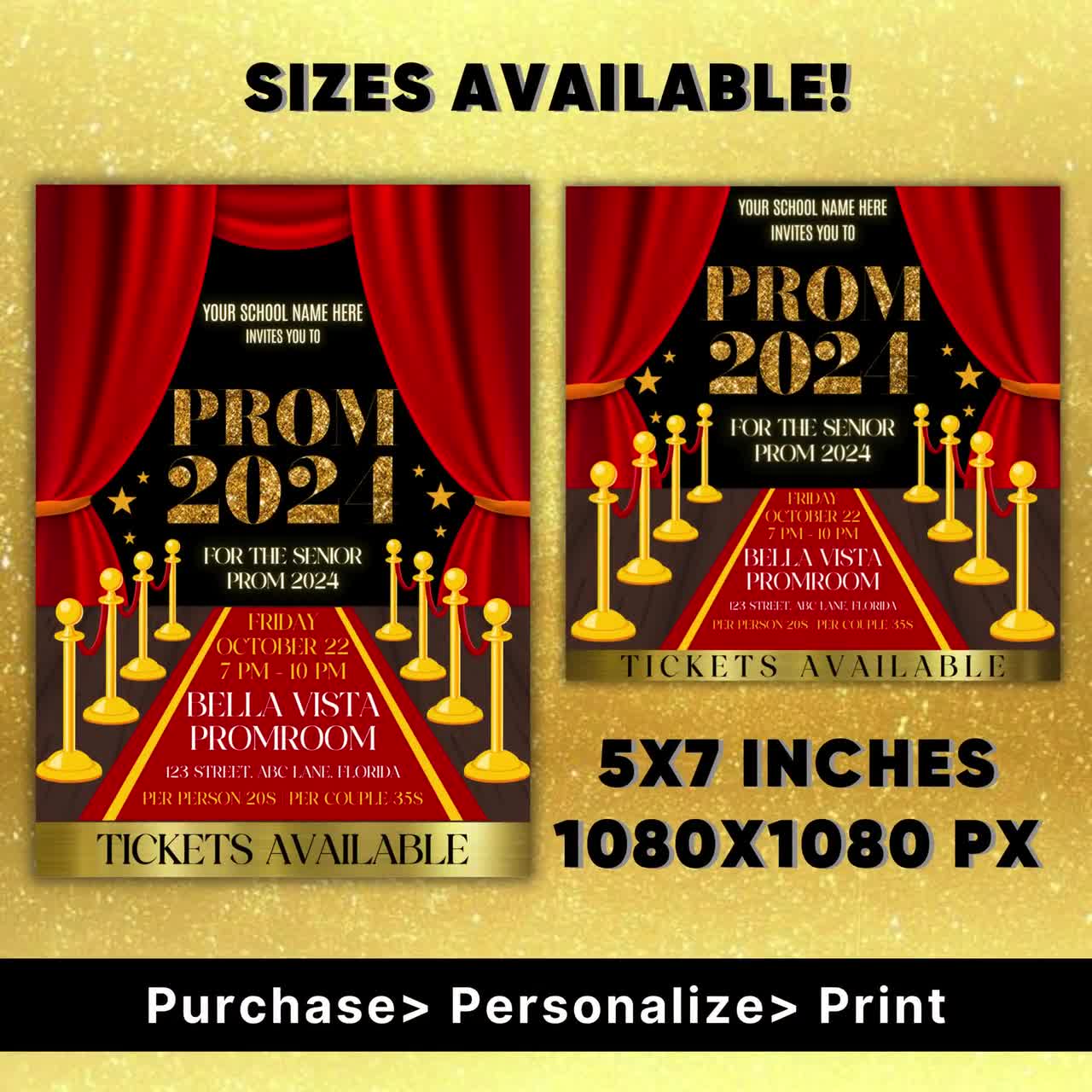 プロム レッドカーペット テーマ フライヤー プロムナイト ダンス フライヤー レッドカーペットの下 プロム レッドカーペット スクールダンス 招待状  印刷可能 Canva 即時ダウンロード, image size:1280x1280