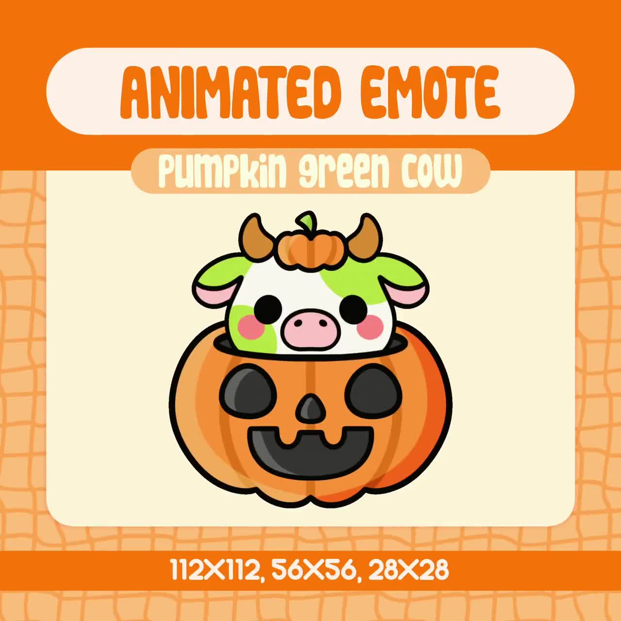 TwitchとDiscord用のかわいいカボチャの緑の牛のアニメーションエモート、不気味な季節のストリームの雰囲気のためのかわいいハロウィーンの牛のエモート, image size:1280x1280