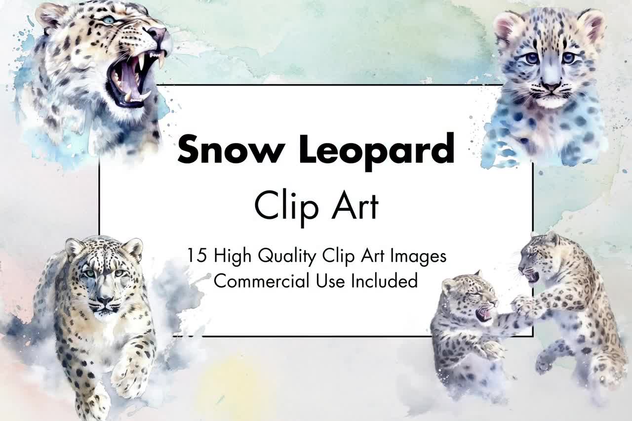 Snow Leopard Clipart- 15 JPG de alta calidad - Fondo blanco y transparente - Ilustración de acuarela- Descarga digital - Para uso comercial video poster