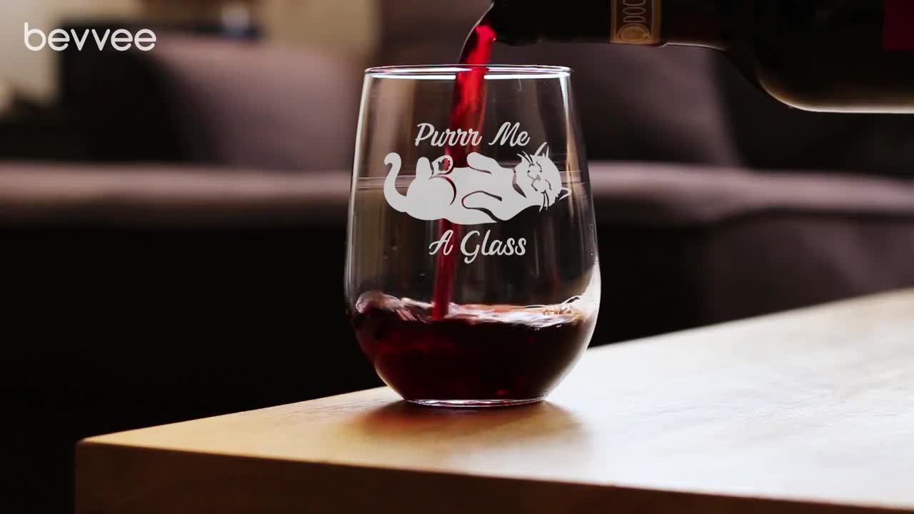 Need Wine Right Meow - Stemless Wine Glass - Cute Funny Cat Themed Décor -  Large 17 Ounces 