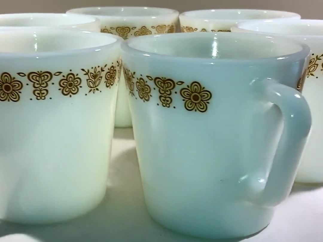 6 (Six) Vintage Pyrex Milk Glass Coffee Mugs with Harvest Gold Butterfly  Floral Design Pyrex Microwave USA 36 no.1410 on bottom