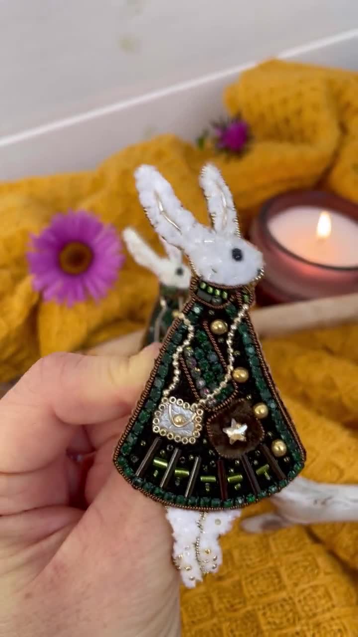 Rabbit Brooch, Rabbit Pin, Embroidered Rabbit, Beaded Brooch