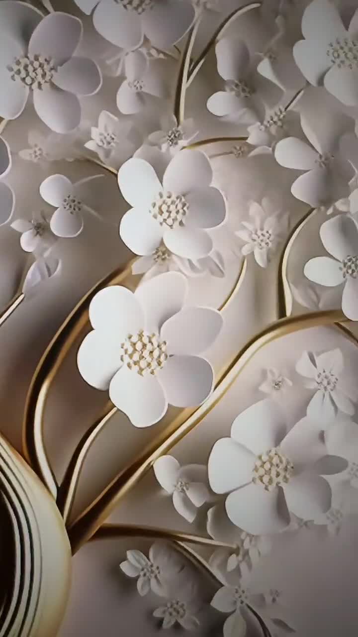 豪華な3D白い花の木の壁画：黄金の茎の壁紙 - Etsy 日本