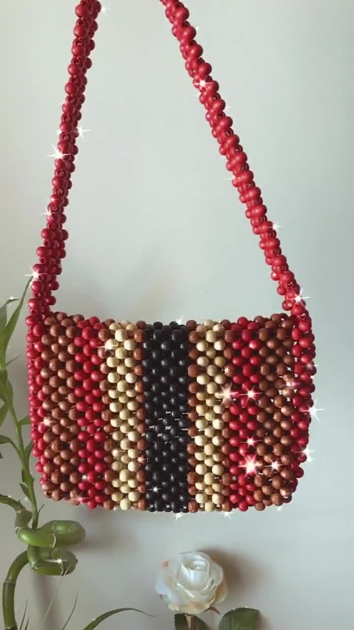 Boho Wood Bead Purse Bag Made in Japan Vintage 60s Gold Tone Chain Link  Strap Ribbed Cotton Lining Folk Hippie Mid Century Mod