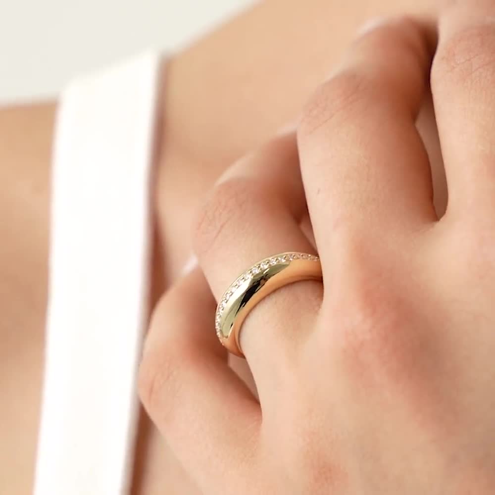 14k Złoty pierścionek z kopułą diamentową, mały pierścionek z balonem z pierścionkiem z brylantem, pierścionek z brylantem Statement Stackable dla kobiet, modny pierścionek z brylantem video poster