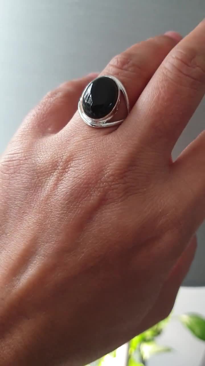 Oval Black Onyx Ring, 15mm X 12mm 925 Sterling Silver Ring