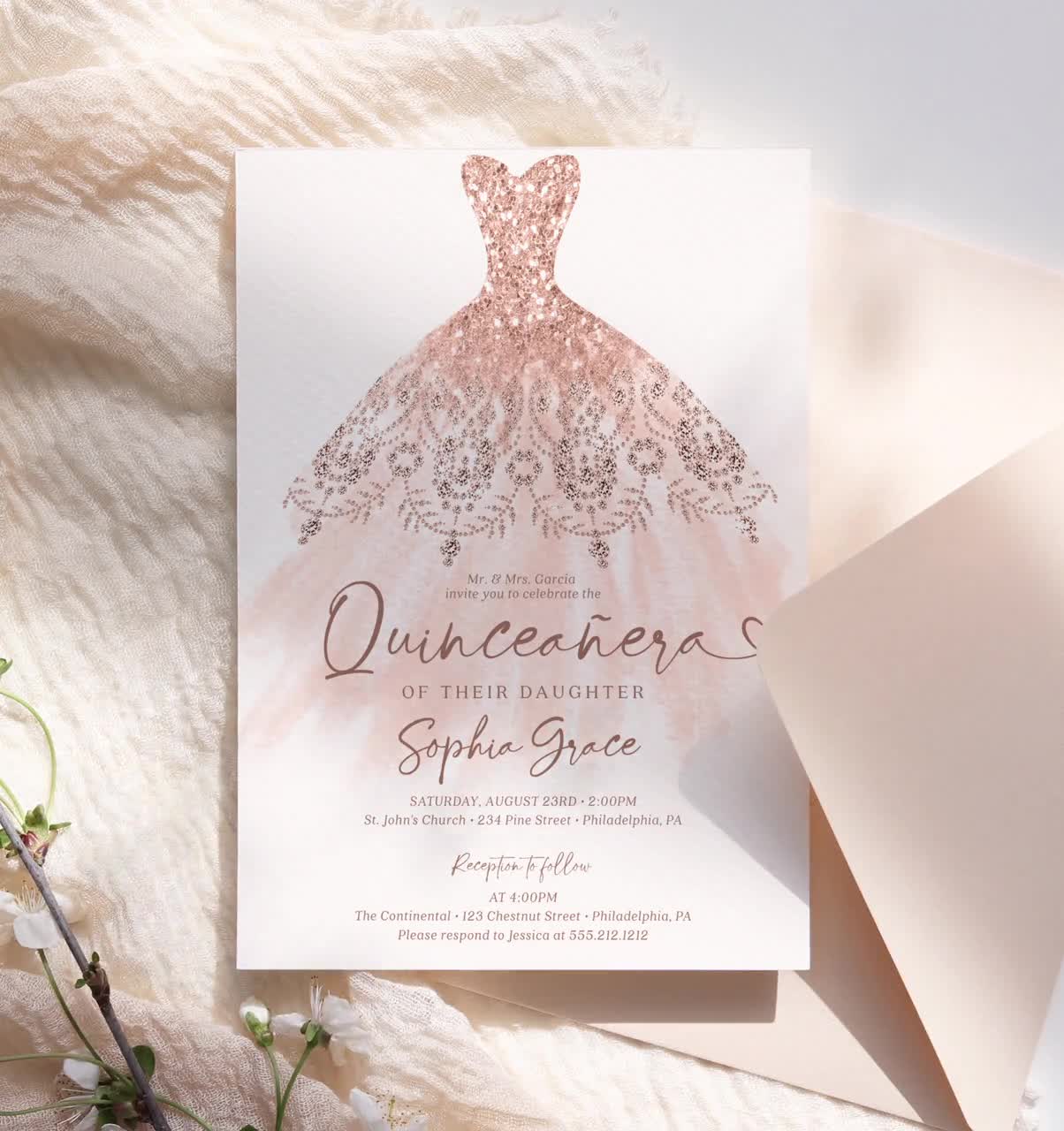 Rose Gold Dress Quinceañera Invitation – Vitedly