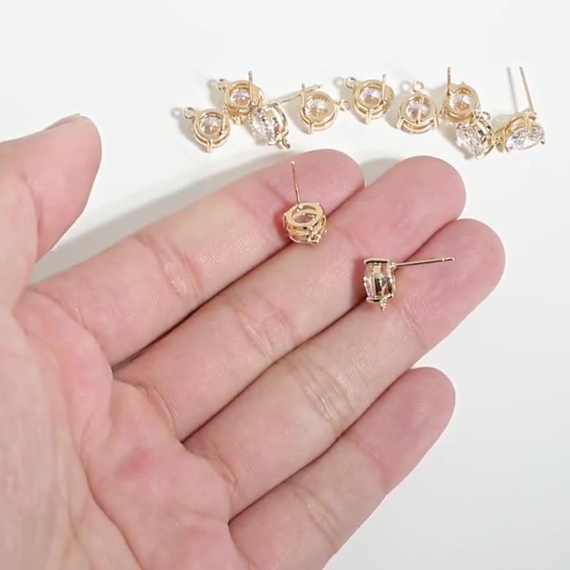 Brass Round Earring Post With Zircon - Gold Circle Stud