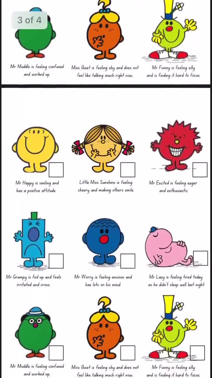 Emotion check in emotional regulation school Mr men emotions