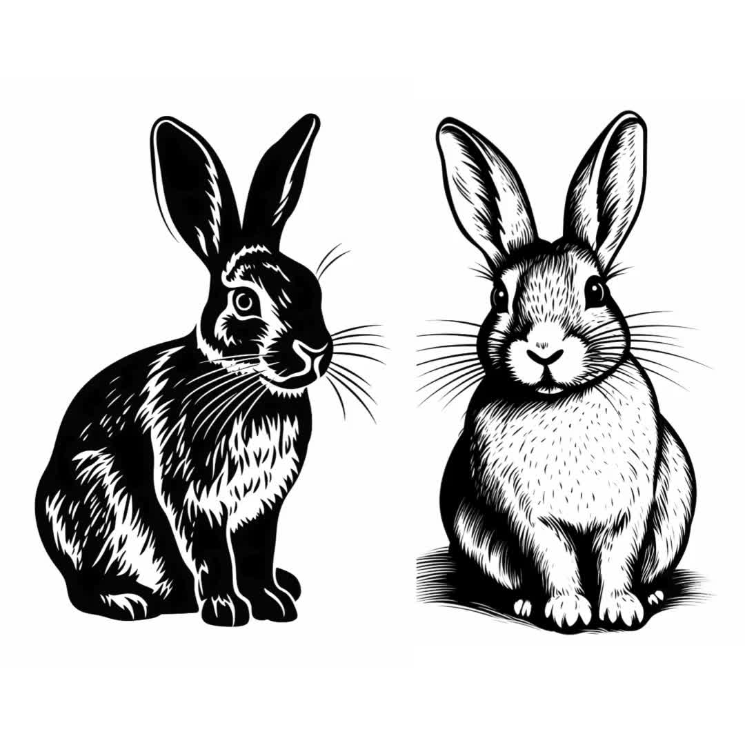 12 Rabbit Bunny Linocut Woodcut Tracing Designs - A4 A5 USA Letter