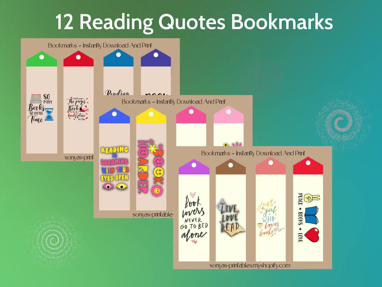 12 Reading Quote Bookmarks | Book Lover Bookmarks | Retro Reading Quote  Bookmarks | Reading Quote Page Holders | Printable Bookmarks