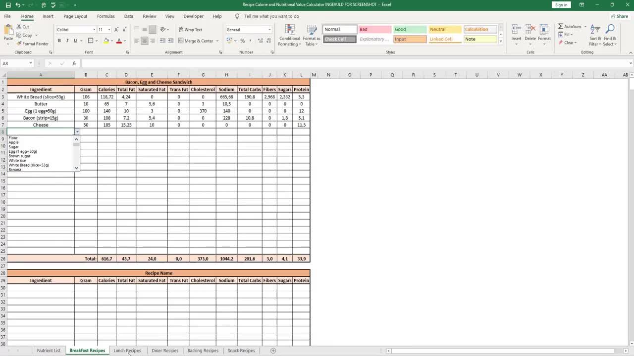 Excel Calorie Counter-Track Daily-Recipe Calculator