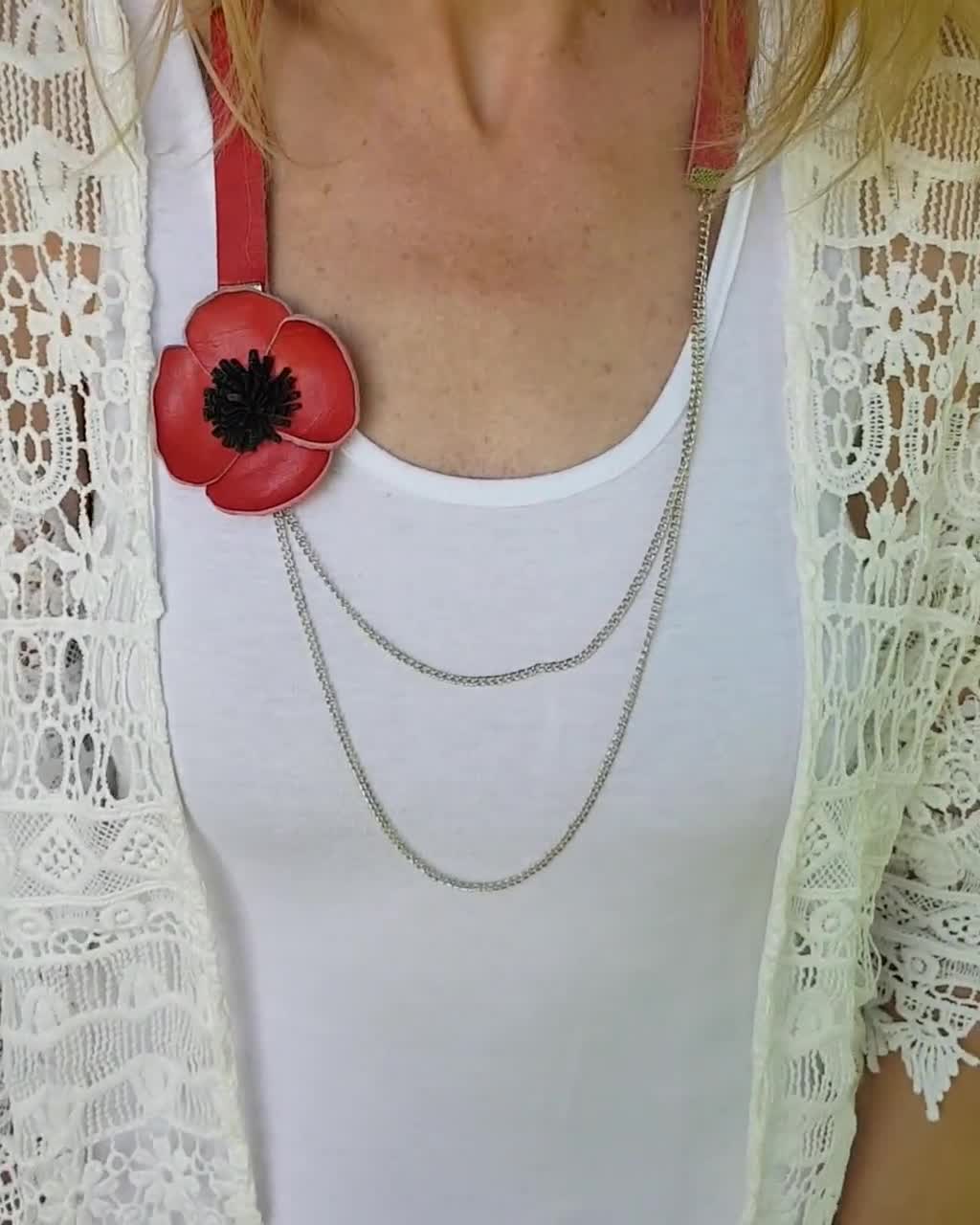 [HOLIDAYVISITOR] Bohemian flower necklace /追跡付 Red Poppy Flower Necklace, Floral Leather Jewelry, Large