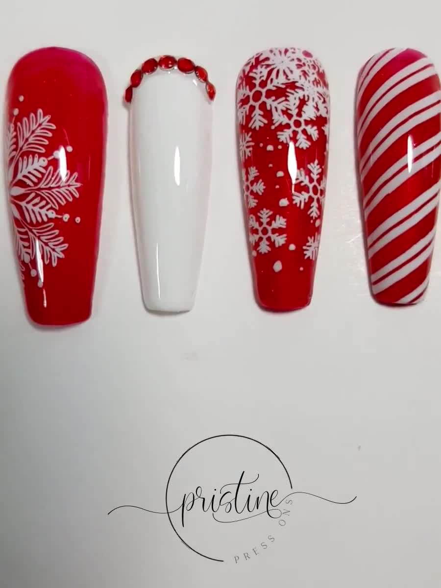 Red and White Christmas Nails Winter Nails Holiday Nails Press on Nails  Snowflakes Candy Cane Nails Set of 10 