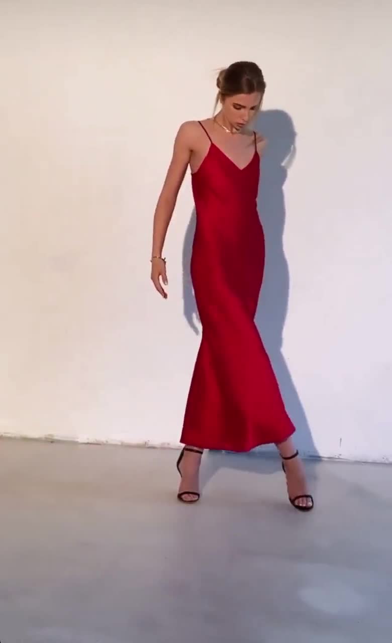 Long red hot sale slip dress