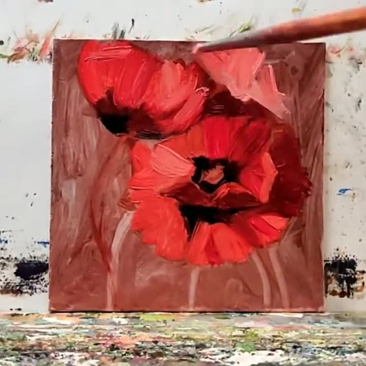 一番の 赤いポピーの絵画オリジナル油絵 4x4、東洋のポピーの花のアート 絵画