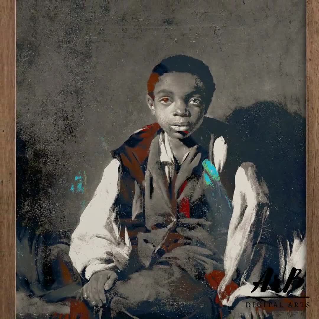 絵画 BLACK BOY Vintage Portrait of a Black Boy, Altered Antique Oil Painting