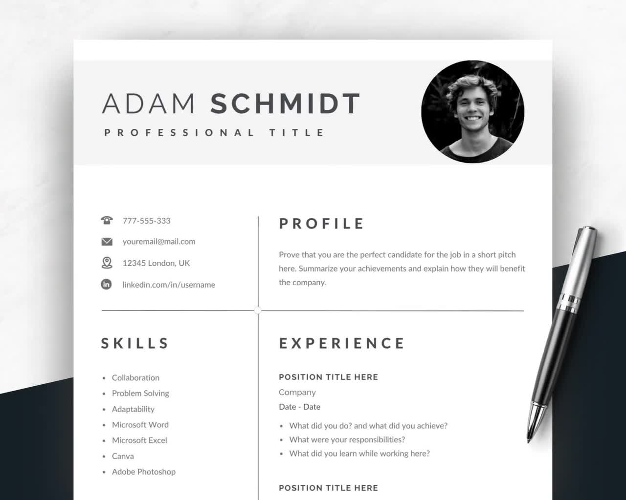 Resume Template With Photo Professional Resume Template for - Etsy