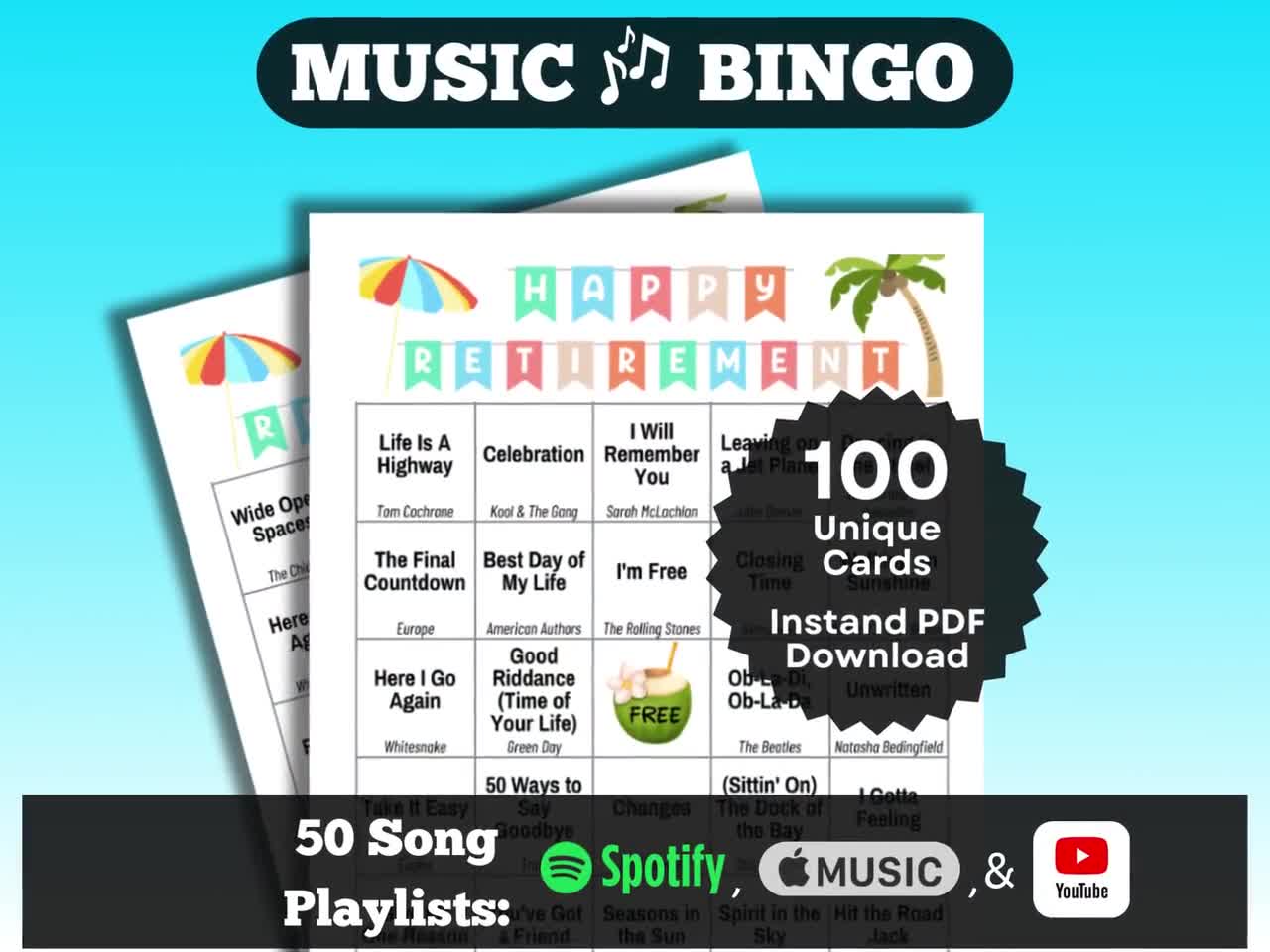 Retirement Party Music Bingo | Retirement Bingo Game | 100 Card Retirement Activity, PDF Download | Spotify, Apple Music, YouTube Playlists. video poster