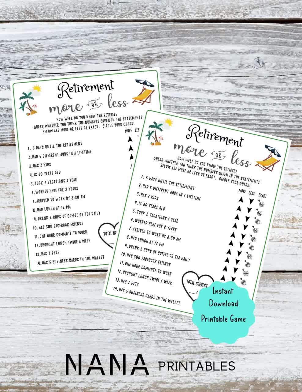 Retirement Party Game | Retirement More or Less Game | Fun Retirement Party  | Co-Worker Retirement Party Games | Office Party Game | PDF