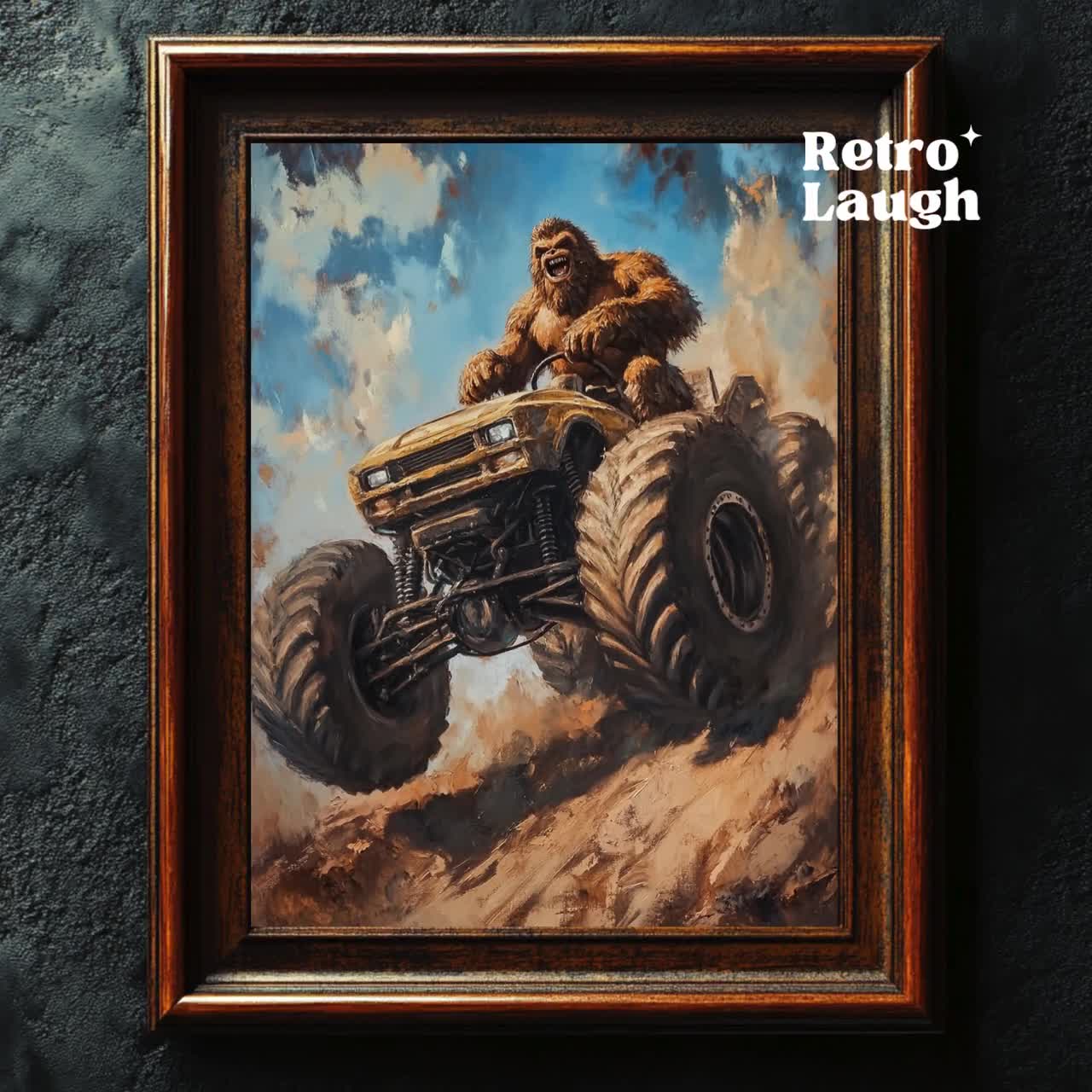 Bigfoot Riding Monster Truck, Funny Vintage Wall Art, Oil Painting