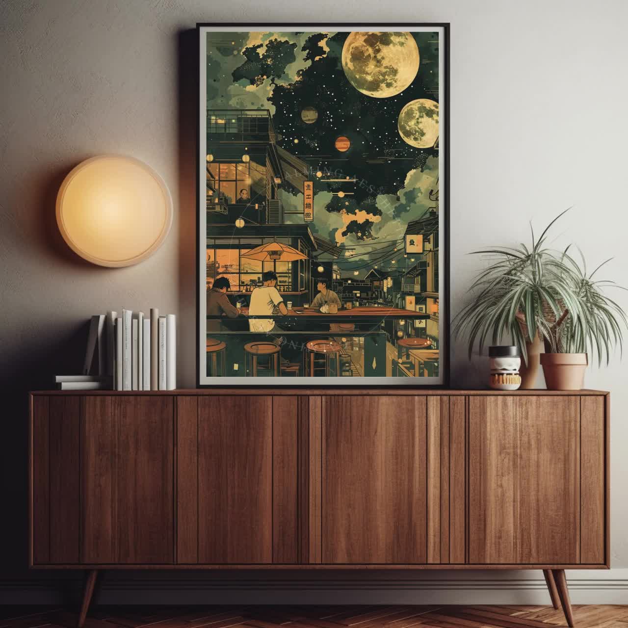 Poster Japanese Street Cosmic Bar Wall Art Print, Japanese Sci-fi