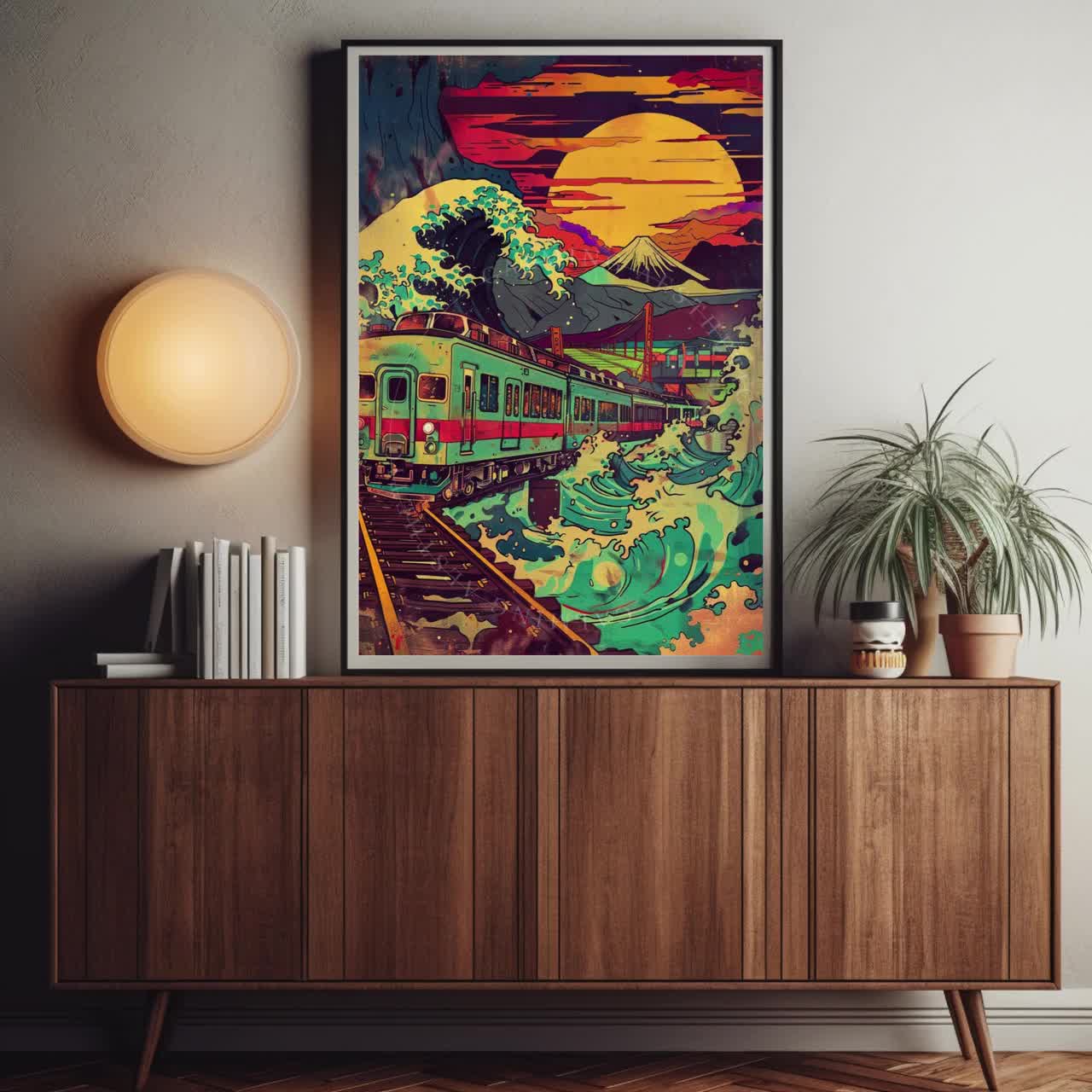 Poster Colorful Japanese Wave Train Collage Wall Art Print, Retro