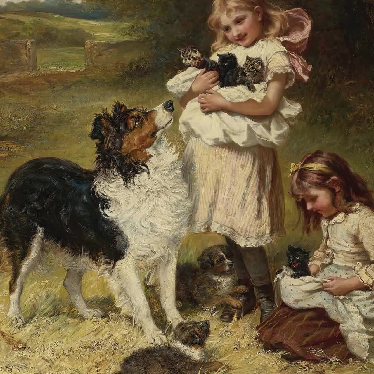 antique picture ❀* 女の子とワンちゃんのいる 版画プリント antique