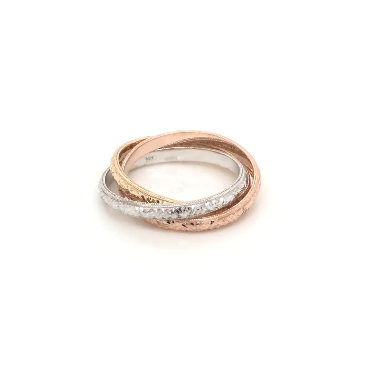 Tri Color Rolling Rings Trinity Band Interlocking Three Gold Bands Hand Engraved Intertwined Bands 2.3mm 14k Rose White And Yellow Gold