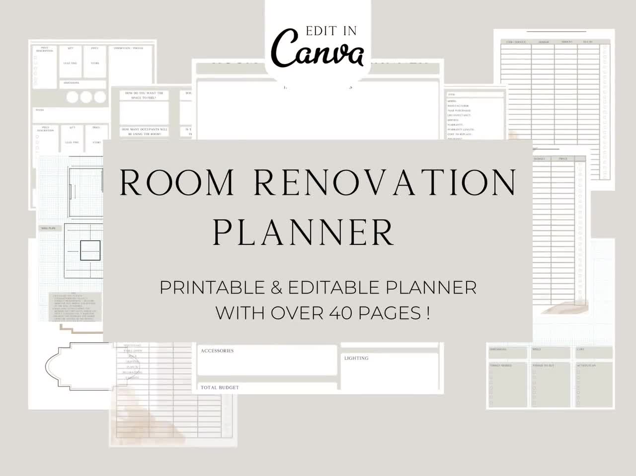 Room Renovation Planner, Interior Design planner, room improvement, home  improvement, home project, Printable Guide, Canva Template