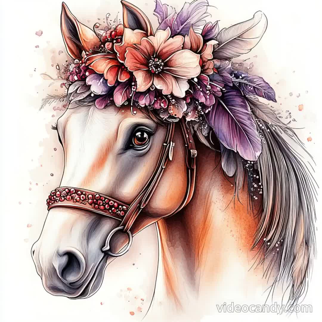 花柄の馬、馬のプリント、ボヘミアン風の馬、馬のアート、牝馬の装飾