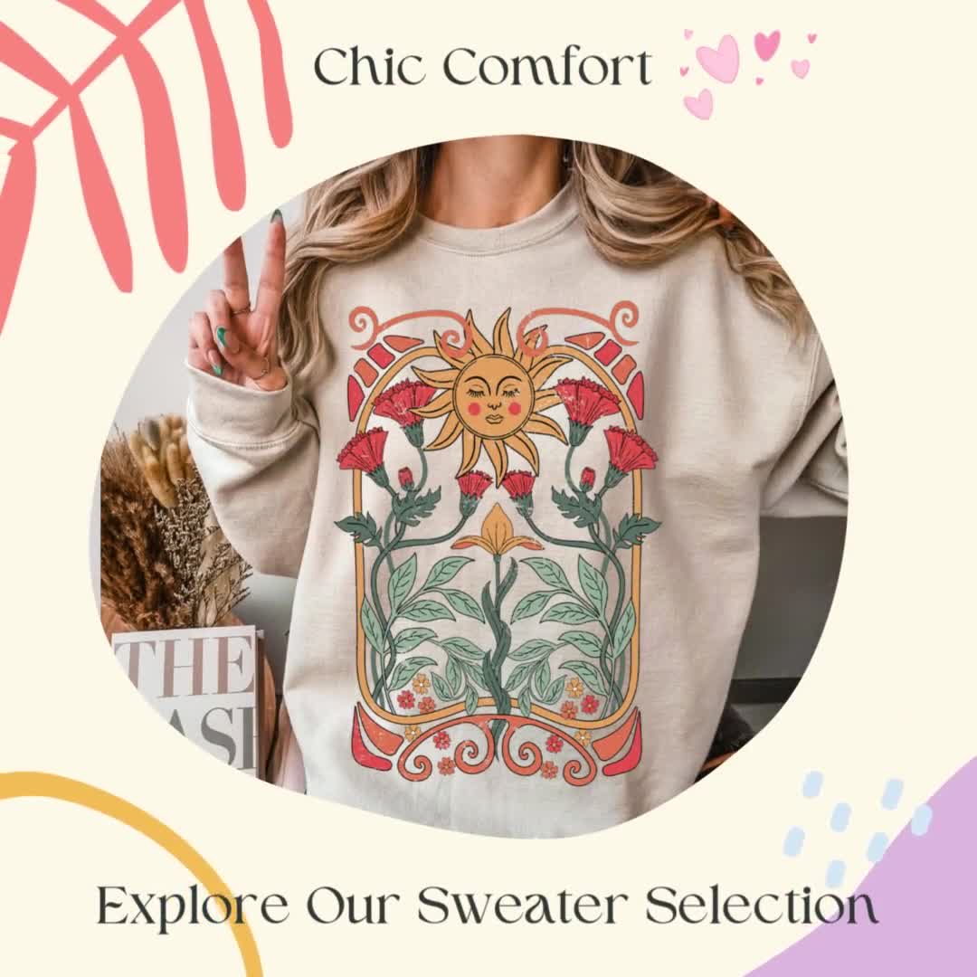 Boho Floral Sweatshirt Art Nouveau Unisex Floral Sweater Sun