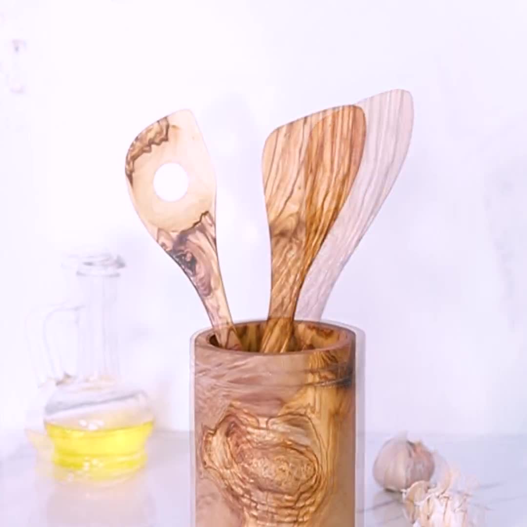 Olive Wood Utensil Set of 5 With Utensil Holder at BeldiNest