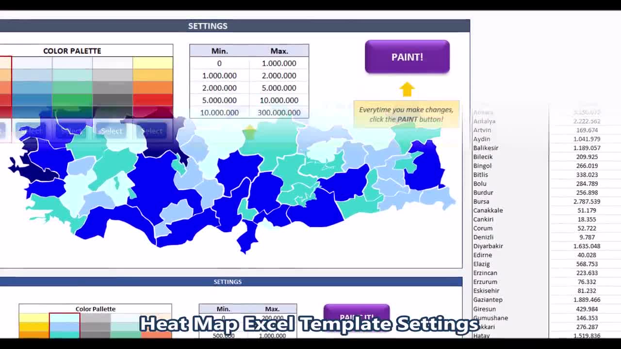 トルコの地理ヒートマップ | Excelテンプレート | 人口密度マップ | 都市の自動色分け | トルコの国地図