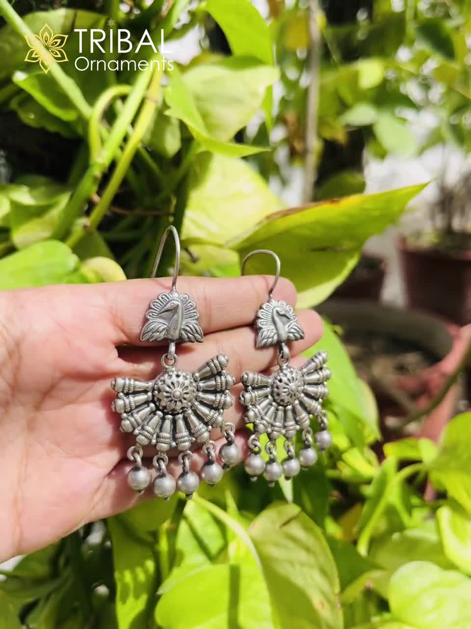 925 Sterling Silver Handmade Vintage Peacock Design Hoops Earrings