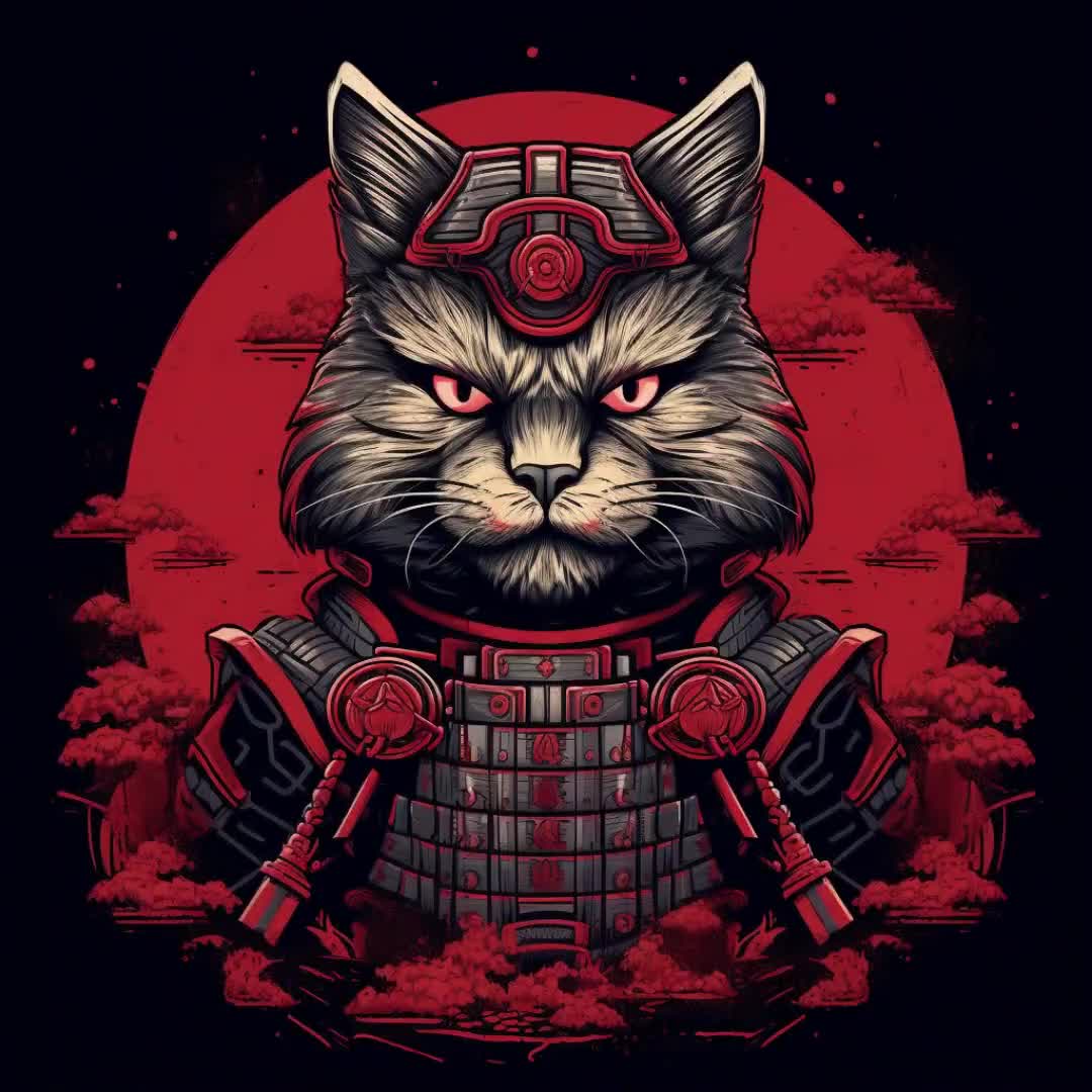 サムライ猫Tシャツデザイン：200種類以上の猫戦士PNG SVGバンドル