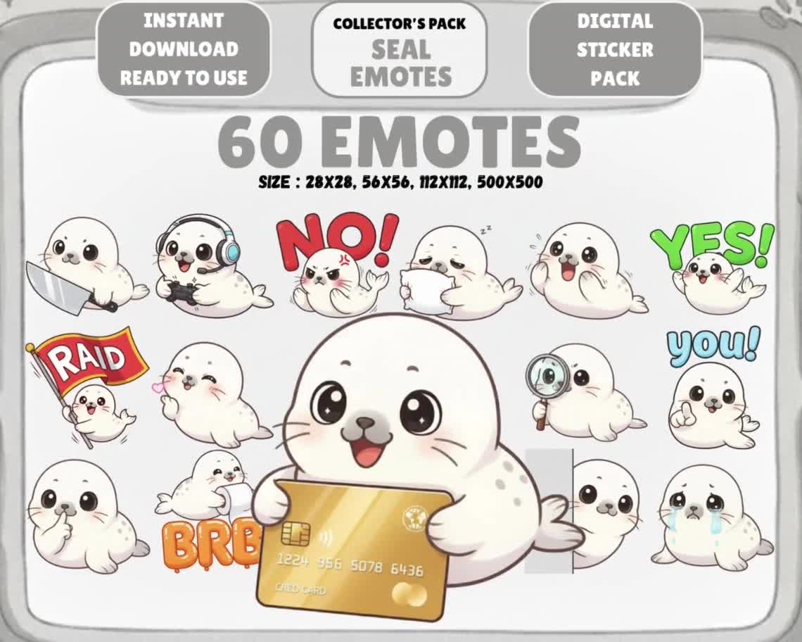 60 Kawaii Harp Seal Emotes PNG Pack: Chibi Twitch Discord Emotes