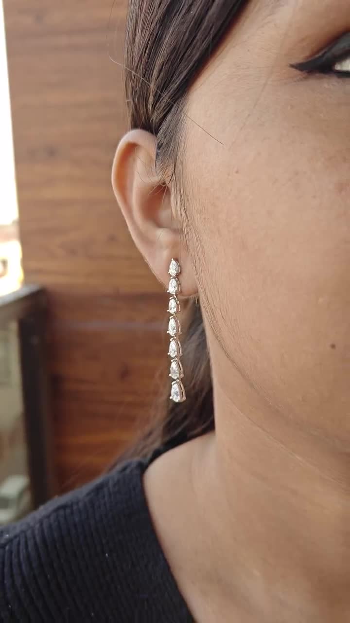 6.15 Ct Pear Diamond Drop Earrings, 18k White Gold Long Wedding