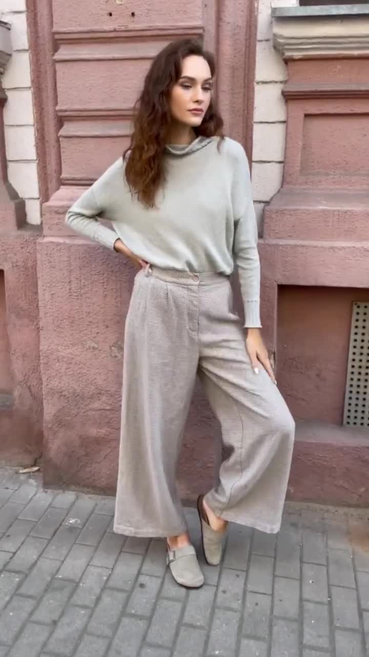 Elastic Waist Palazzo Pants, Front Pleats Zip Fly Button