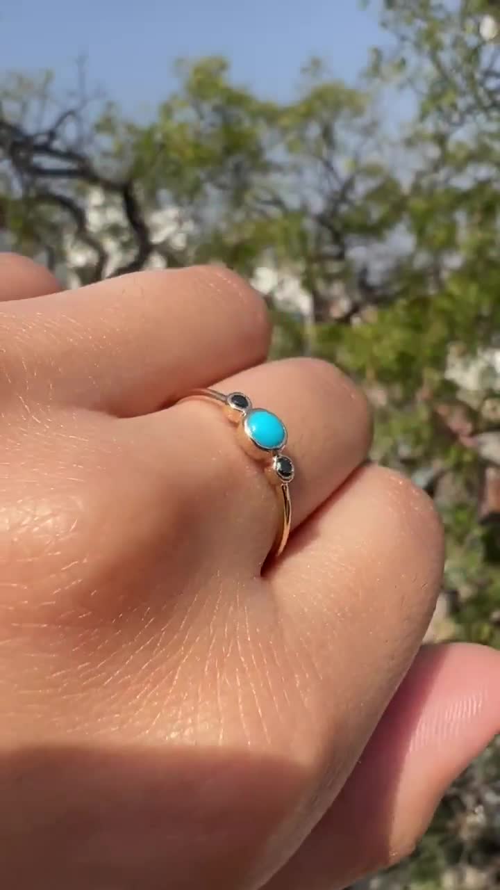 Arizona Turquoise & Black Diamond Three Stone 14K Gold Ring - Etsy