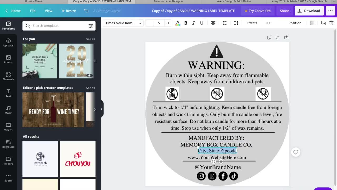 Wax Melt Warning Label Template DIGITAL DOWNLOAD Custom Editable