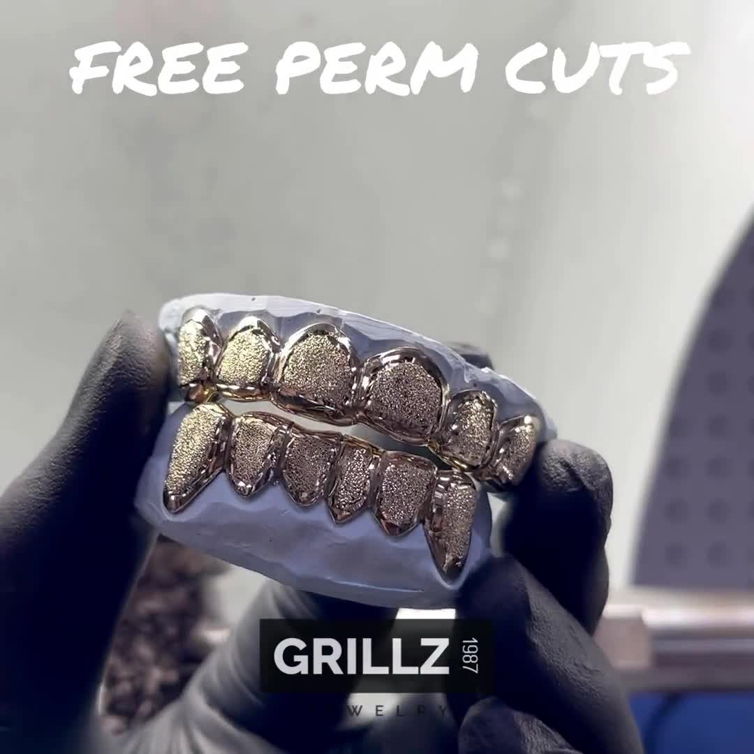 Gold Teeth Custom Fit Grillz, Free Diamond Dust, Free Perm Cuts