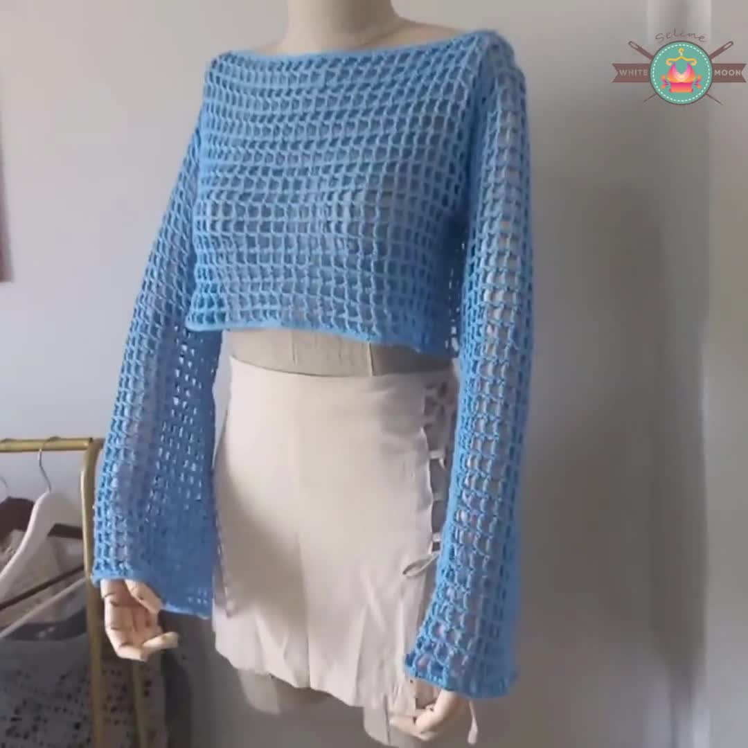 Y2k Crochet Knitted Crop Top Hollow Out Fishnet Jumper Smock Top