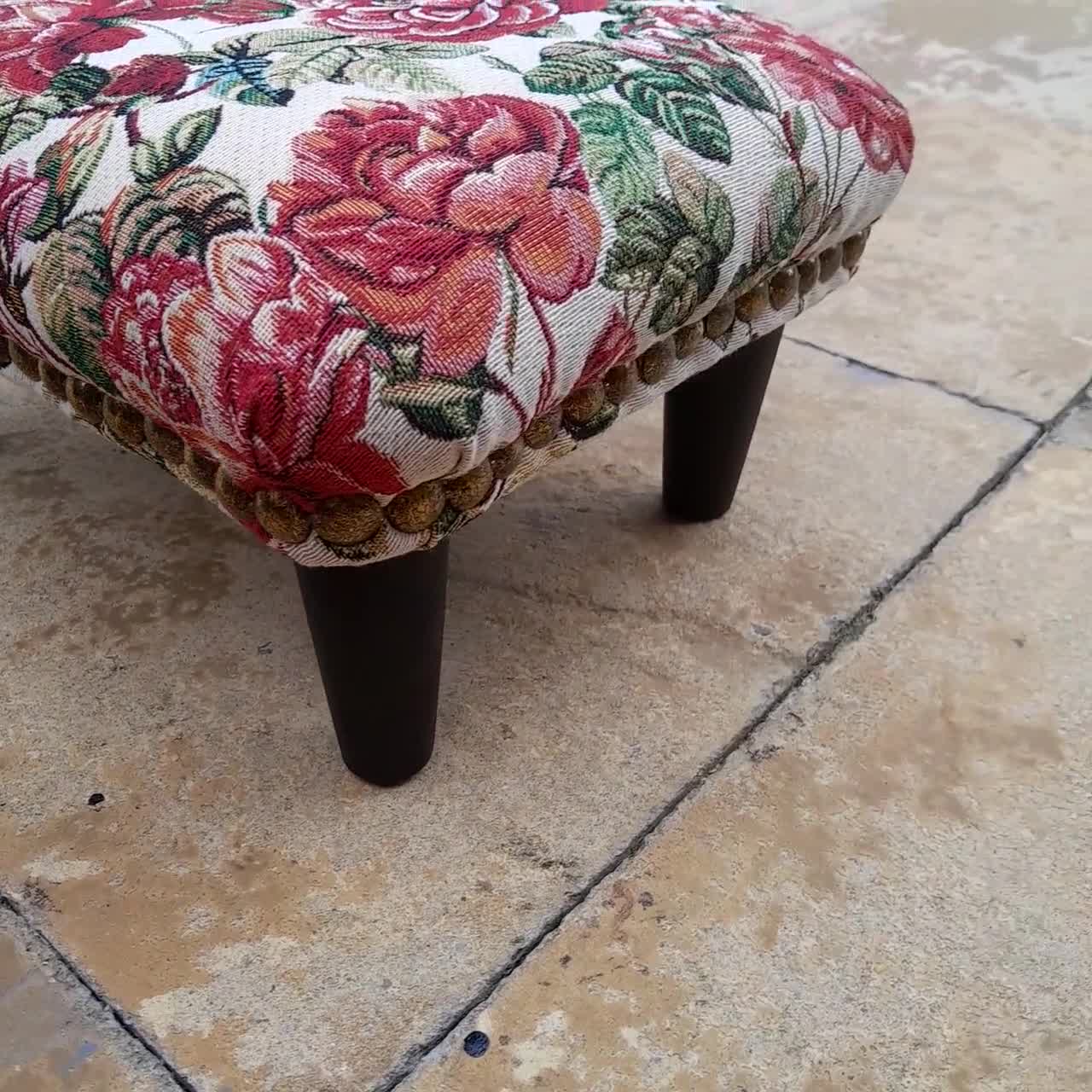 Decorative Footstool With Studs and Wooden Legs, Handmade