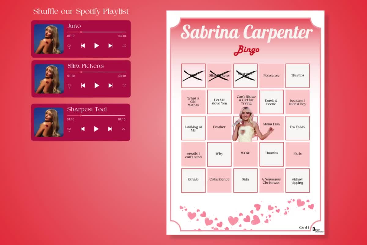Sabrina Carpenter Bingo Game - 7 Printable Music Bingo Cards with Spotify Playlist - Party Game, perfect gift video poster