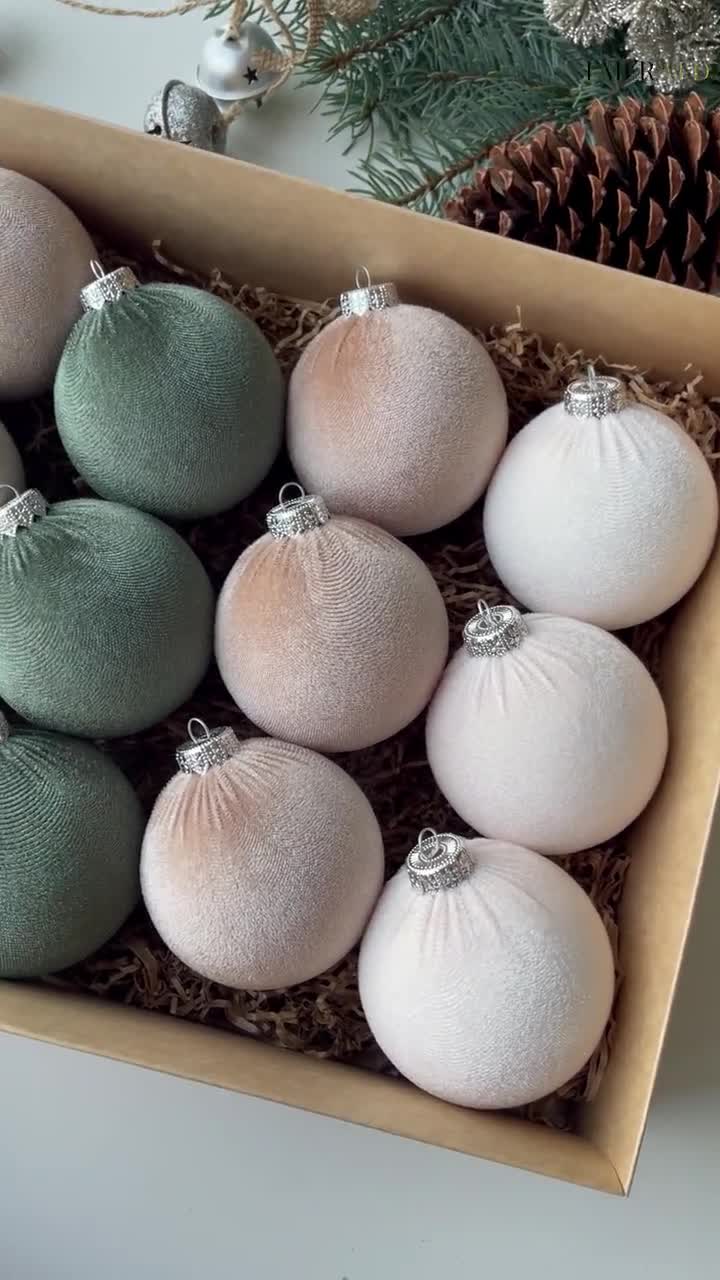 CHRISTMAS ORNAMENTS MIX Emerald, Sage Green, Silver 15 Units Set Handmade  Velvet Balls, Home Tree Decoration 