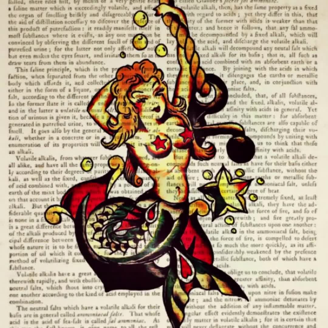 Sailor Jerry Dictionary Art Print, Tattoo Flash Mermaid Art Print