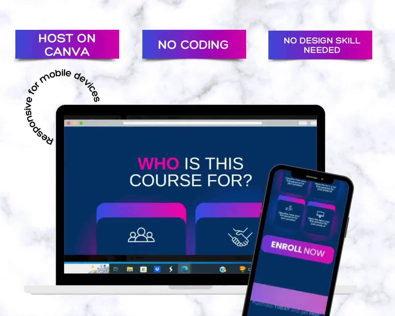 Plantilla de página de ventas de Canva: página de inicio del curso, enlace en la biografía video poster